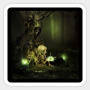 Alone in the creepy night, cute skeleton with crow Sticker